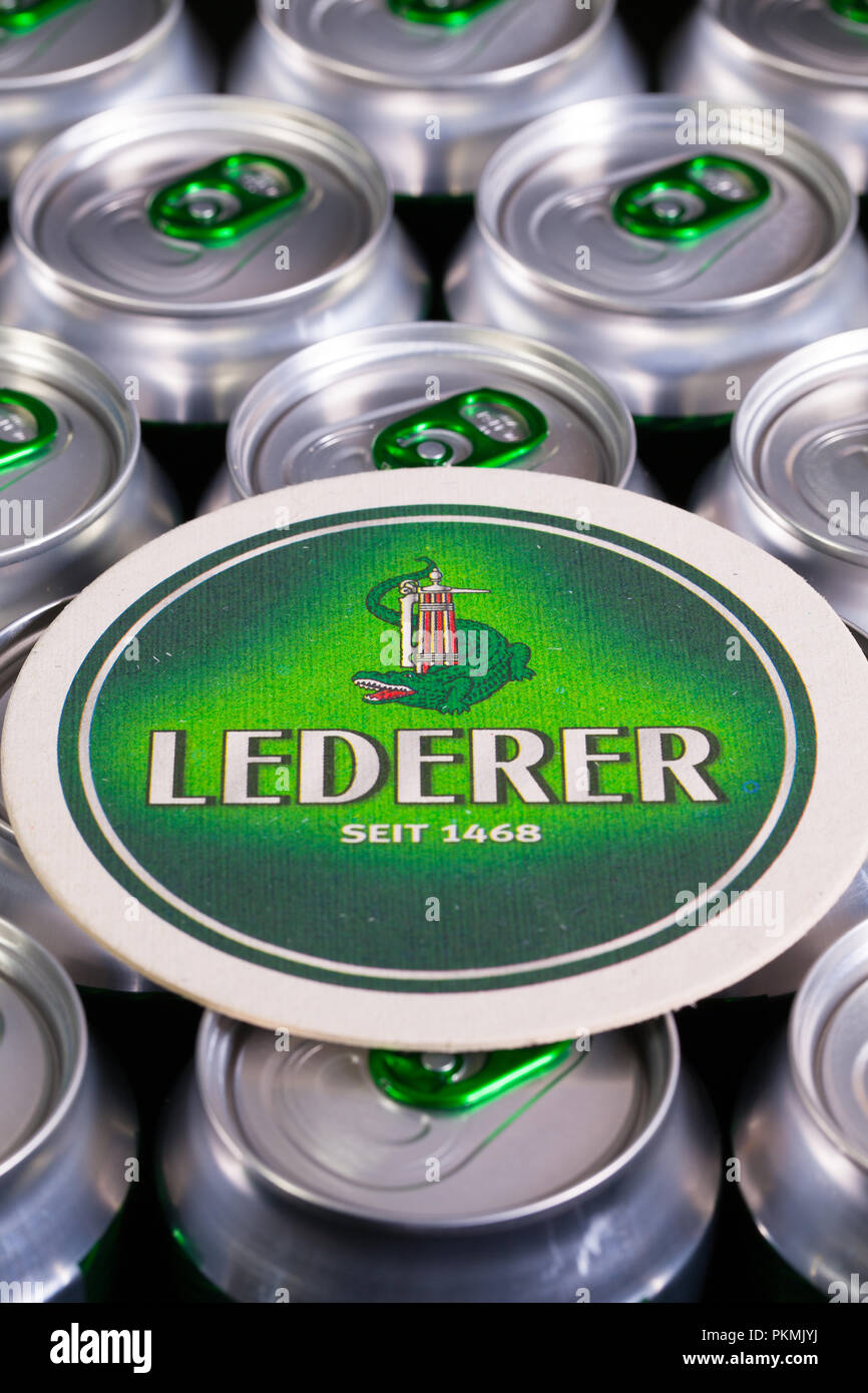 Deutschland, Berlin - Januar 17,2015: Beermat von Lederer Bier auf die Dosen. Die Lederer Kult ist Kult von Bier - zurückgehend bis 1468 Stockfoto