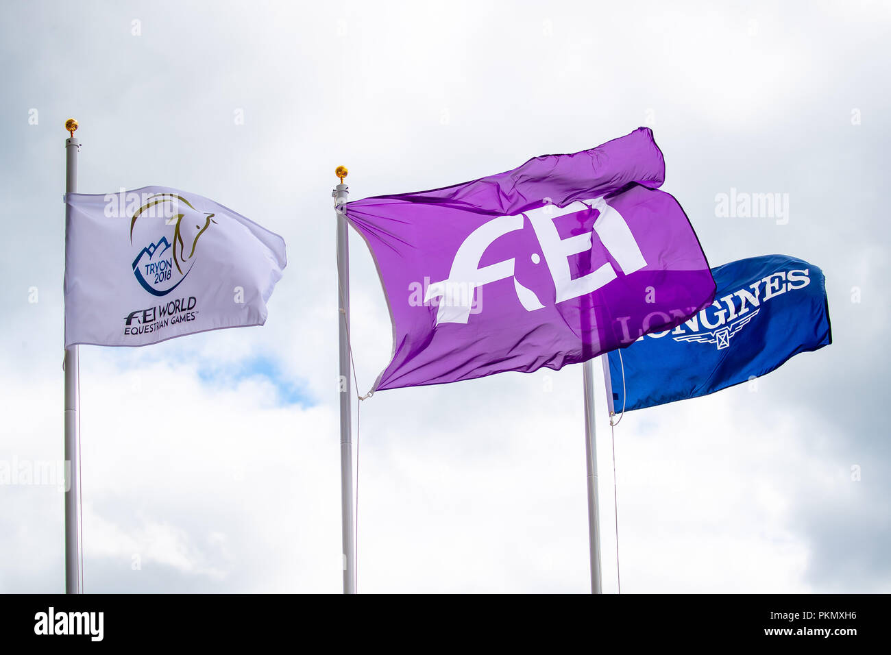 Die flags Fliegen in den Wind als Hurrikan Florenz Ansätze. Dressur. Grand Prix Special. Tag 4. World Equestrian Games. WEG 2018 Tryon. North Carolina. USA. 14.09.2018. Stockfoto