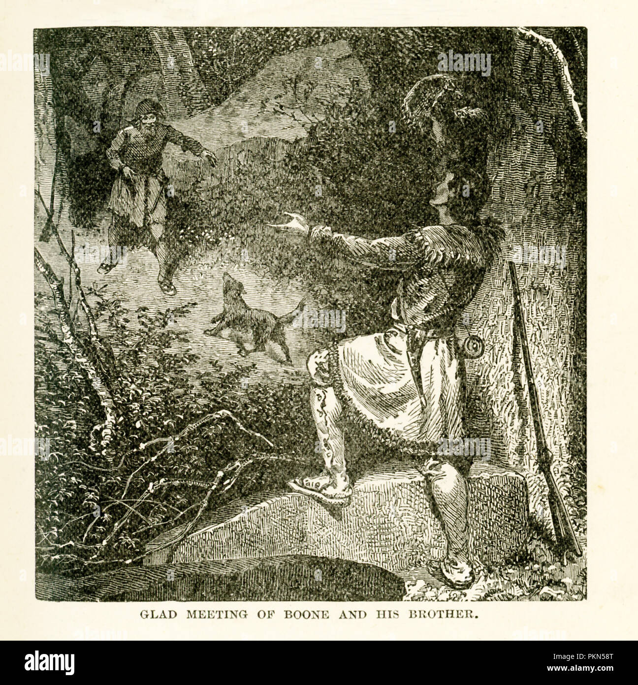 Daniel Boone (1734-1820) war ein US-amerikanischer frontiersman, Reading, Pennsylvania geboren wurde. Im März 1775, als Vorauszahlung agent für Siebenbürgen Co., er strahlte Wilderness Road und gründete Boonesboro (auch buchstabiertes Boonesborough) auf Kentucky River. Er wurde gefangen genommen von Indianern im Jahre 1778, und er entging und nach Missouri zog nach Landtitel in Kentucky wurden für ungültig erklärt. Seine Abenteuer wurde durch die so genannte autobiographischen Bericht von John filson bekannt. Diese Abbildung ist von dem Buch mit dem Titel: Geschichte des Wilden Westens und Lagerfeuer Chats: Wird die vollständige und authentische Geschichte der G Stockfoto