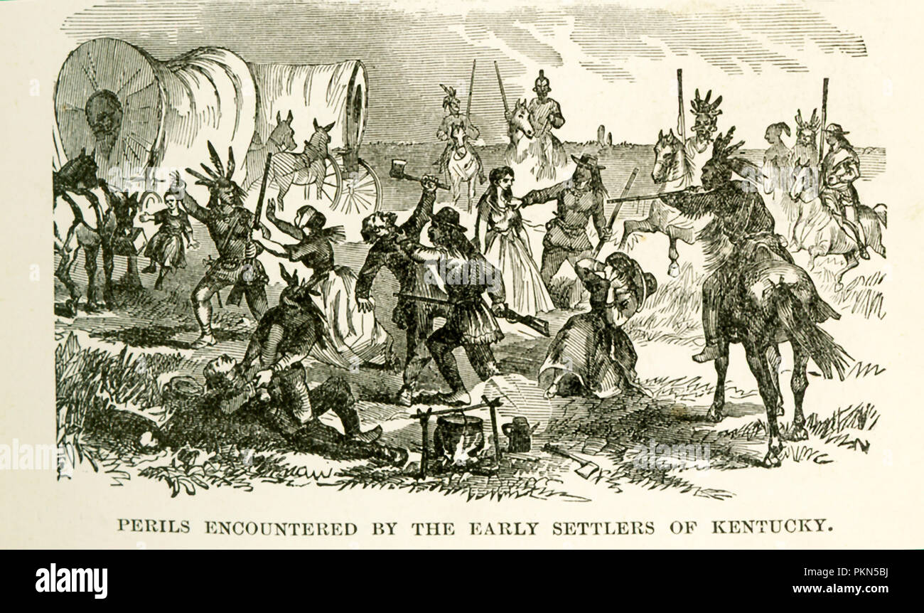 Daniel Boone (1734-1820) war ein US-amerikanischer frontiersman, Reading, Pennsylvania geboren wurde. Im März 1775, als Vorauszahlung agent für Siebenbürgen Co., er strahlte Wilderness Road und gründete Boonesboro (auch buchstabiertes Boonesborough) auf Kentucky River. Er wurde gefangen genommen von Indianern im Jahre 1778, und er entging und nach Missouri zog nach Landtitel in Kentucky wurden für ungültig erklärt. Seine Abenteuer wurde durch die so genannte autobiographischen Bericht von John filson bekannt. Diese Abbildung ist von dem Buch mit dem Titel: Geschichte des Wilden Westens und Lagerfeuer Chats: Wird die vollständige und authentische Geschichte der G Stockfoto