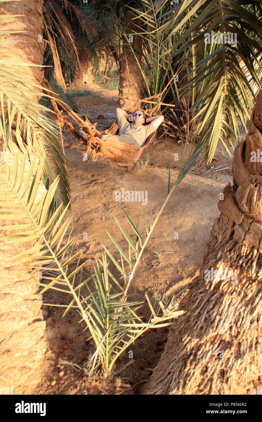 Mann liegen in einer Hängematte zwischen Dattelpalmen auf Fatna Insel an der Oase Siwa, Ägypten Stockfoto
