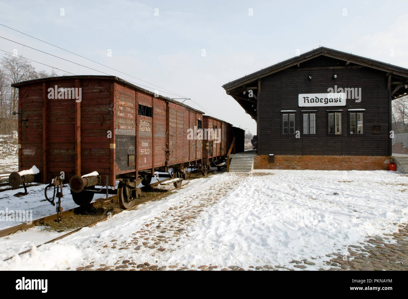 Eisenbahn Viehtransporter am Holocaust Mahnmal am Bahnhof Radegast in Lodz, Polen. Von hier oben von 200000 Juden zu NS-Tod geschickt Stockfoto