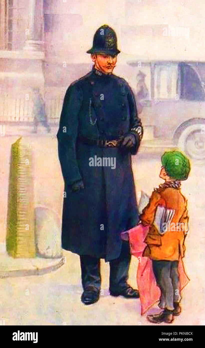 Ein englischer Bobby und eine britische Paperboy (Tageszeitung Junge) - aus einem alten ca. 1915 Postkarte Stockfoto