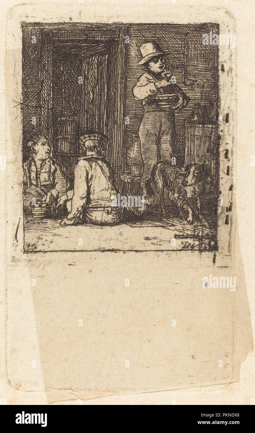 Interieur mit drei Jungen und einen Hund. Vom: C. 1813. Abmessungen: Platte: 7,5 x 4,4 cm (2 15/16 x 1 3/4 in.) Seite Größe: 44,5 x 29,9 cm (17 1/2 x 11 3/4 in.). Medium: Radierung auf chine Coll. Museum: Nationalgalerie, Washington DC. Thema: Sir David Wilkie. Stockfoto