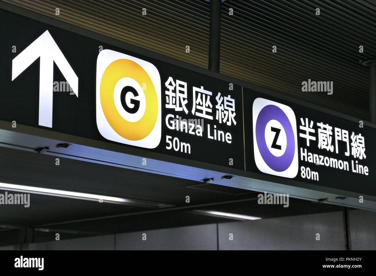 TOKYO, Japan - 30. NOVEMBER 2016: Ginza Linie und Hanzomon Linie in Tokyo Metro. Toei U-Bahn und Tokyo Metro sind 285 Stationen und haben 8,7 Millionen Zähler Stockfoto
