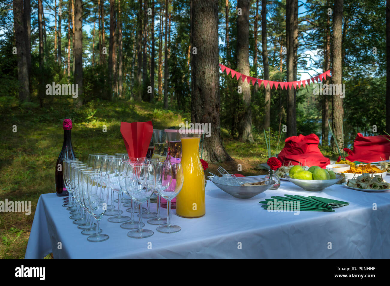 Tabelle in Wald serviert für eine Partei Stockfoto