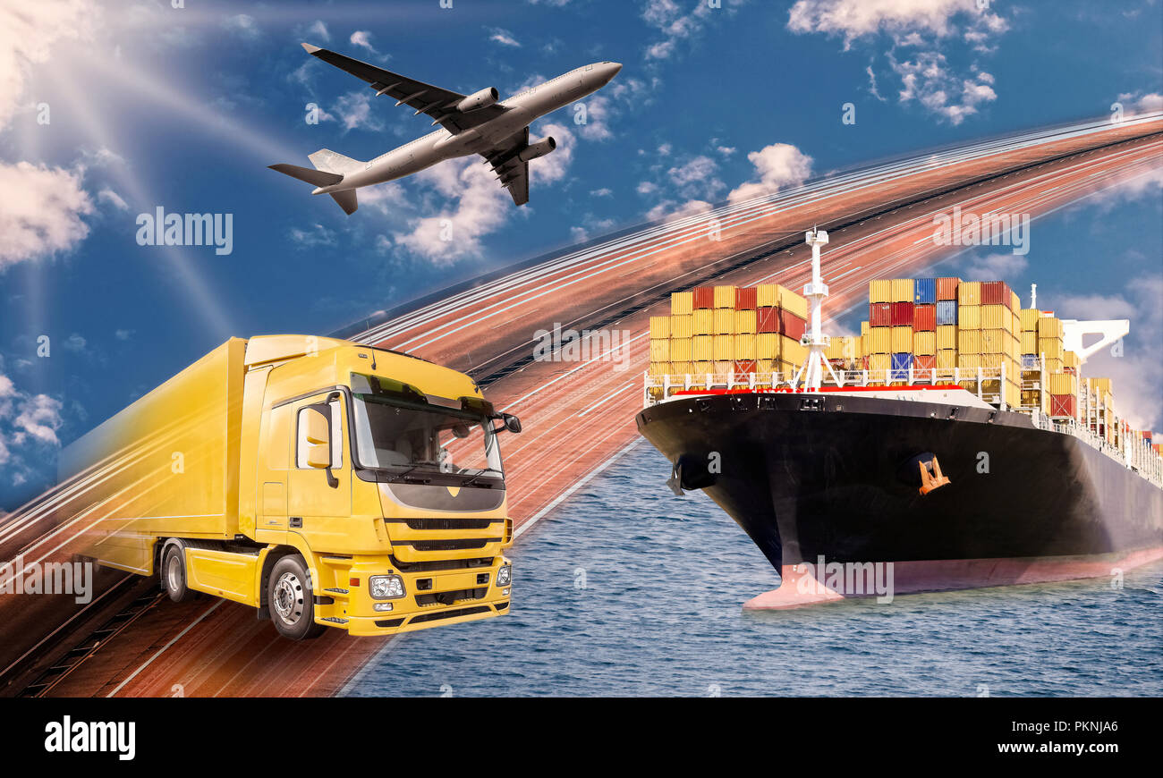 Transport der Ware per LKW, Schiff und Flugzeug Stockfoto