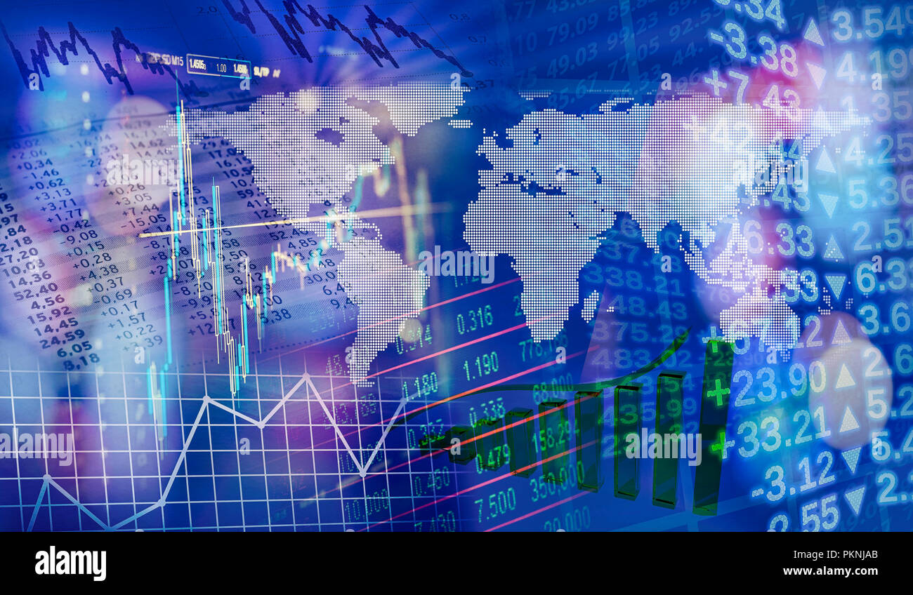 Weltkarte mit Diagrammen und Grafiken als Symbole von Global Finance. Stockfoto