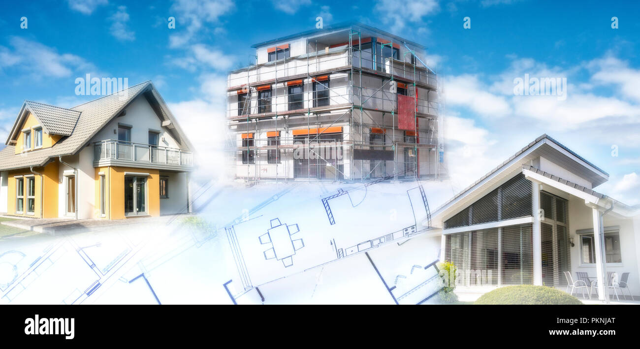 Moderne Häuser eine Shell und Baupläne als Symbol für die Bau- und Immobilienwirtschaft. Stockfoto