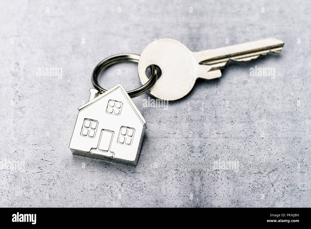 Schlüssel mit Haus als Schlüsselanhänger auf einen konkreten Hintergrund Stockfoto