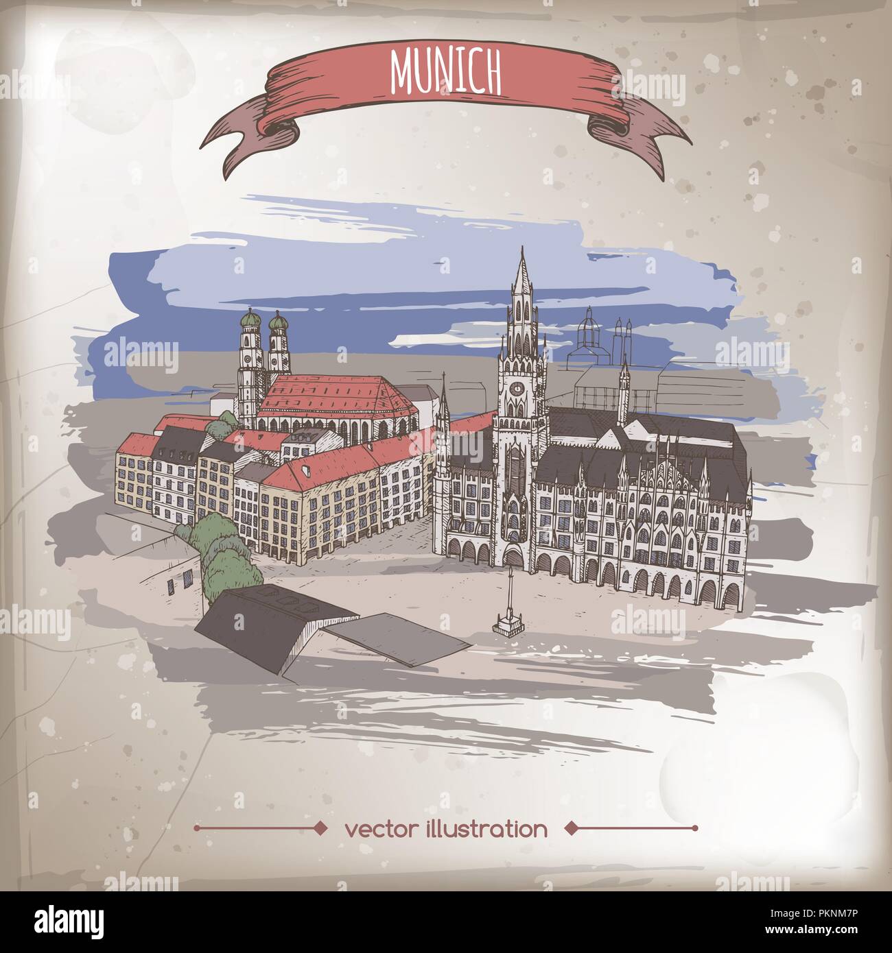 Vintage Color Travel Abbildung mit München, Deutschland, Altstadt Skizze. Stock Vektor