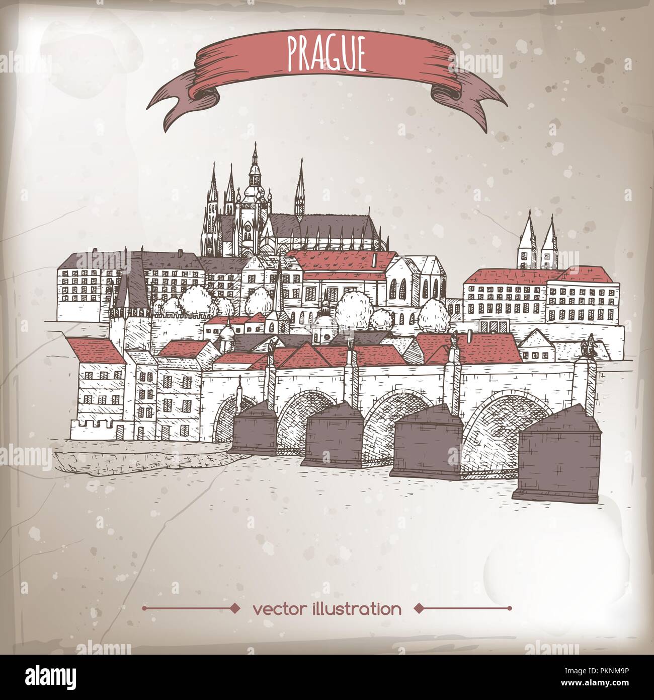 Vintage Travel Abbildung mit Prag, Tschechische Republik, Altstadt Skizze. Stock Vektor