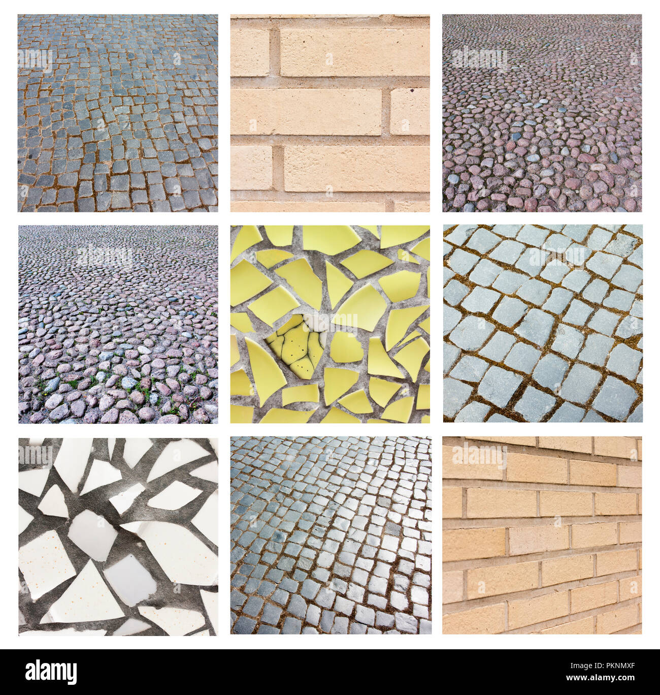 Collage von Texturen von Backstein, Mosaik und ebnet. Stockfoto