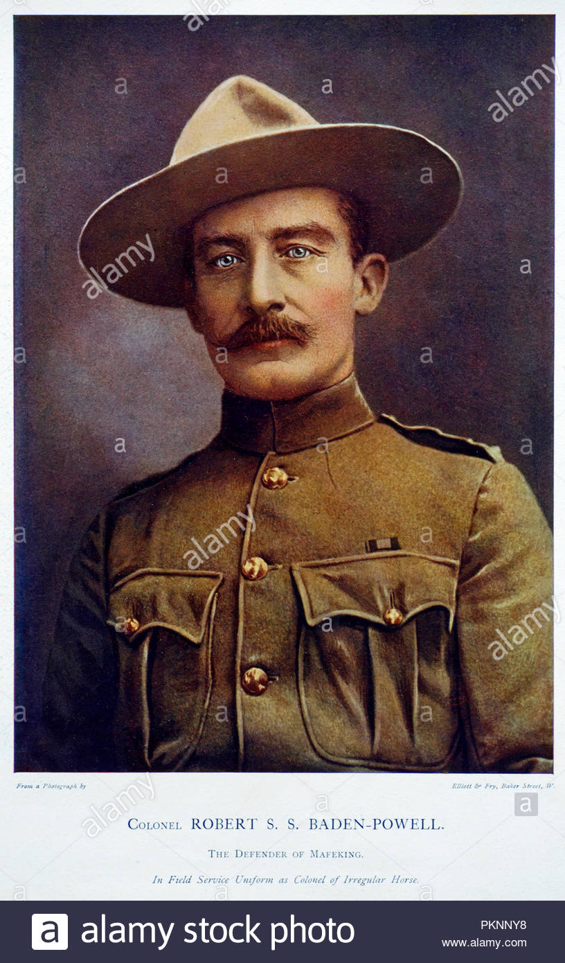 Colonel Robert S.S. Baden-Powell, 1857 - 1941, war ein britischer Offizier, Schriftsteller, Gründer und erster Chief Scout Der Pfadfinder verband und Gründer der Girl Guides. Farbe Abbildung von 1900 Stockfoto