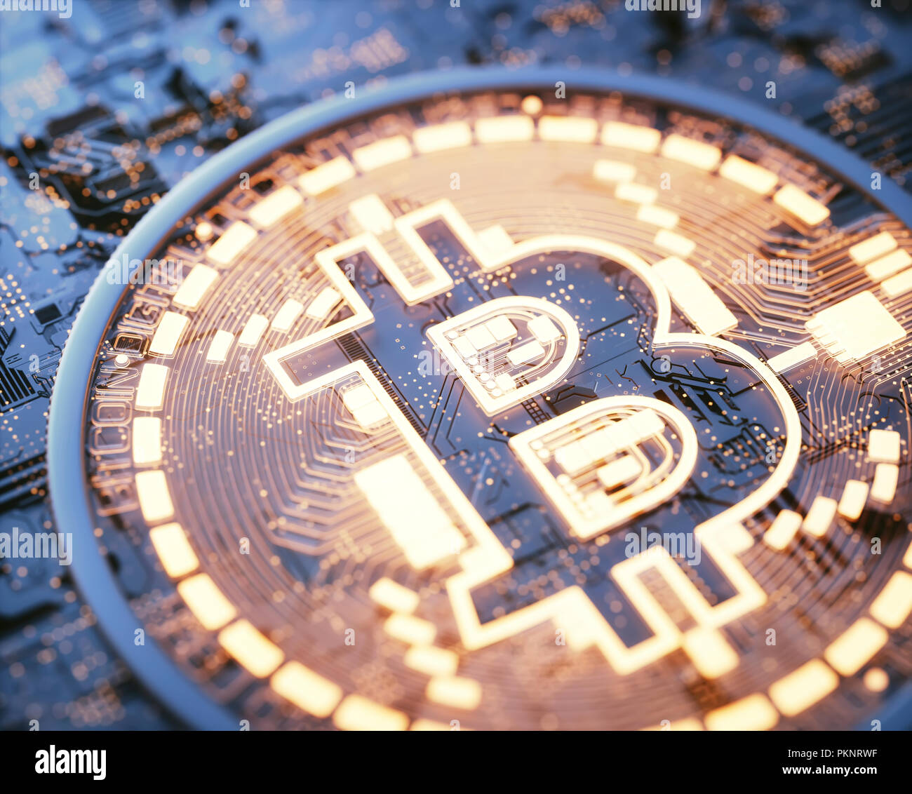 Bitcoin Logo auf Platine, Illustration. Stockfoto