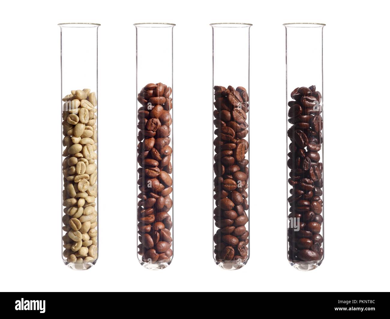 Raw, hell, mittel und dunkel geröstete Kaffeebohnen in Reagenzgläser. Stockfoto