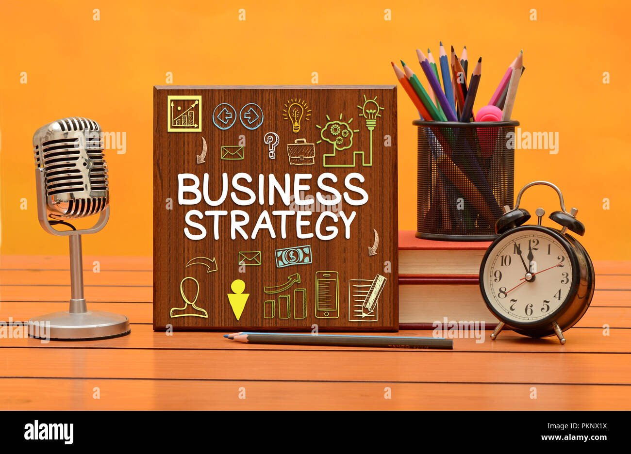 Business Strategie Thema mit Schreibwaren Artikel Hintergrund. Stockfoto