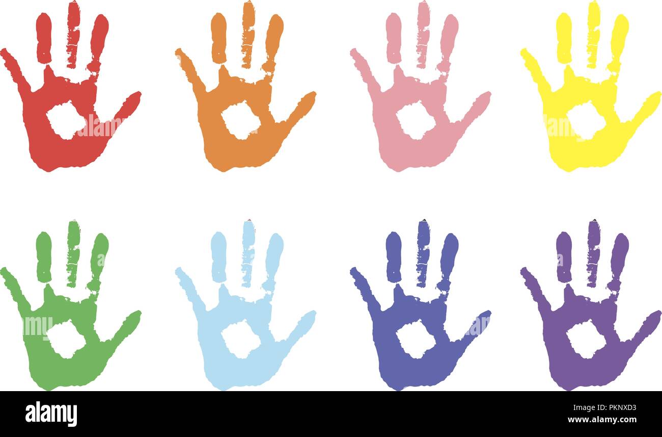 Farbige Palmen in Farbe. Vector Hintergrund, Farbe druckt der Hände symbolisiert Freundschaft. Stock Vektor