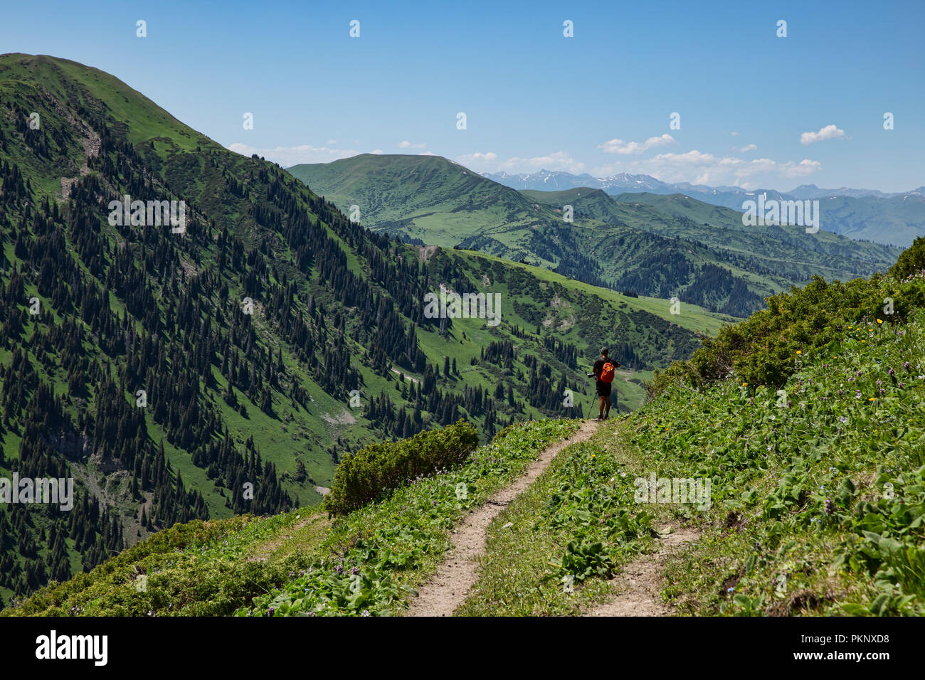 Trekker herab zu Tyup River Valley, Keskenkyia Loop trek, Jyrgalan, Kirgisistan Stockfoto