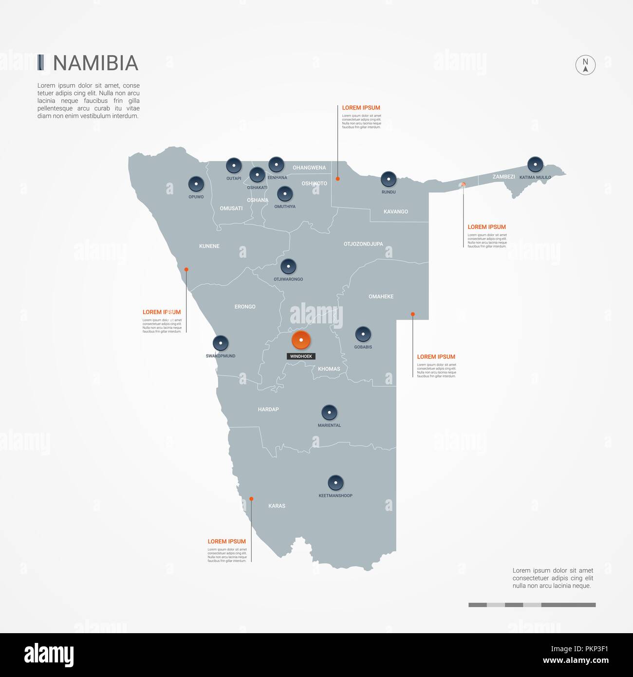 Namibia Karte mit Grenzen, Städte-, Kapital- und administrativen Abteilungen. Infografik Vektorkarte. Bearbeitbare Layer deutlich gekennzeichnet. Stock Vektor