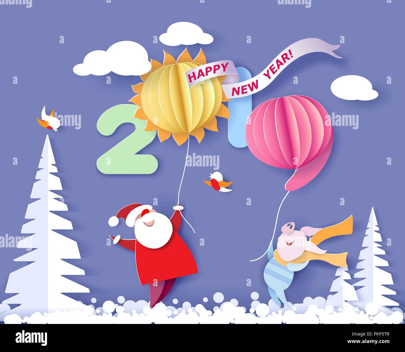 Farbiges Papier cut Design und Handwerk Winter Landschaft mit Baum, Santa Claus und Schwein. Urlaub Natur 2019 und Weihnachten Design. Vector Illustration. Frohe Weihnachten Karte. Stock Vektor