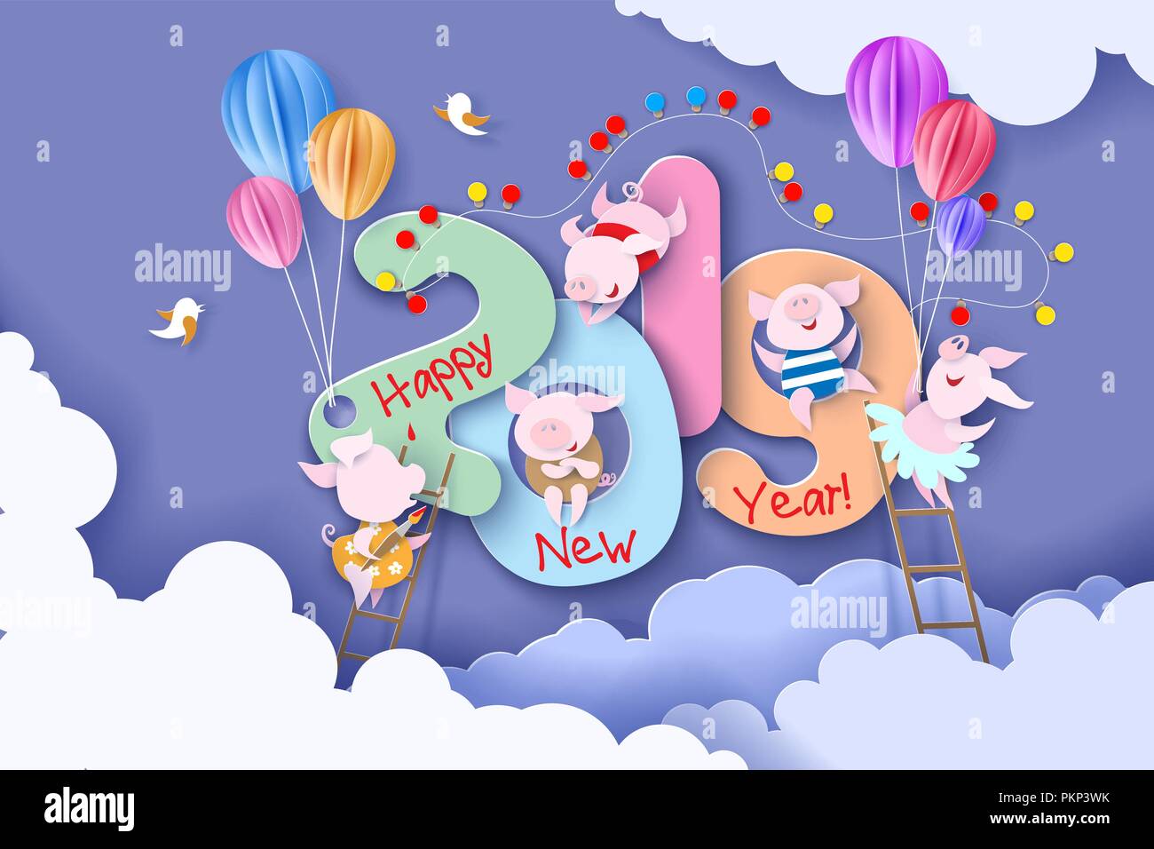 2019 Neues Jahr design Karte mit Schweinen auf lila Hintergrund mit Wolken. Vector Illustration. Papier geschnitten und Handwerk Stil. Stock Vektor
