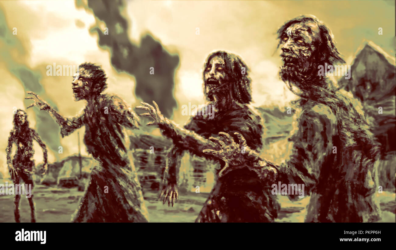 Menge wandern Zombies gegen die Kulisse der brennenden Stadt. Abbildung im Genre der Horror. Stockfoto