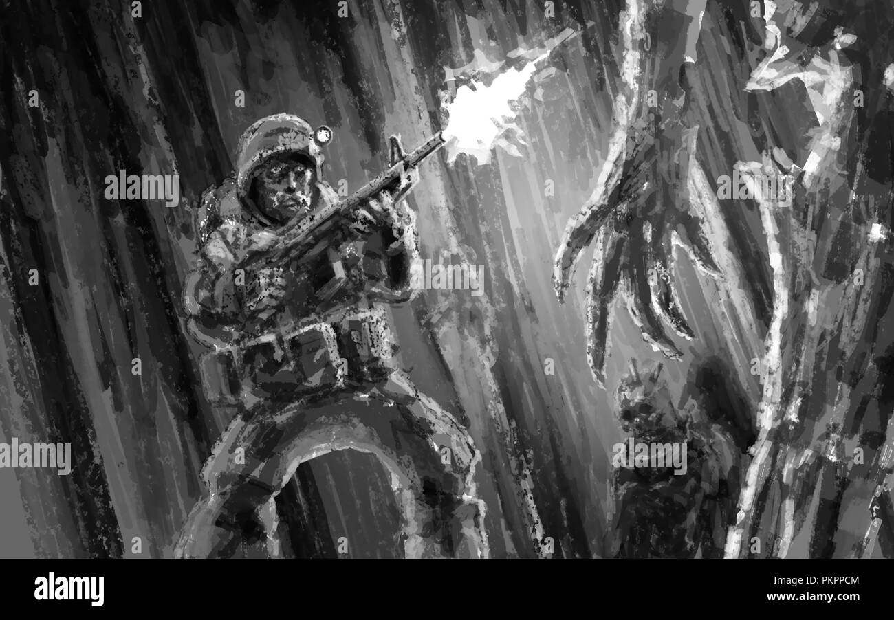 Ein erschrockenes Soldat schießt auf ein Zombie. Genre Horror. Stockfoto