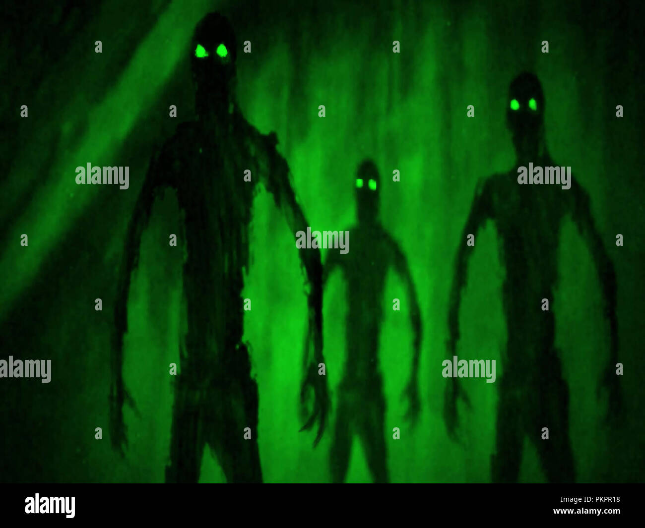 Zombies im Grab. Genre Horror. Grüne Hintergrundfarbe. Stockfoto