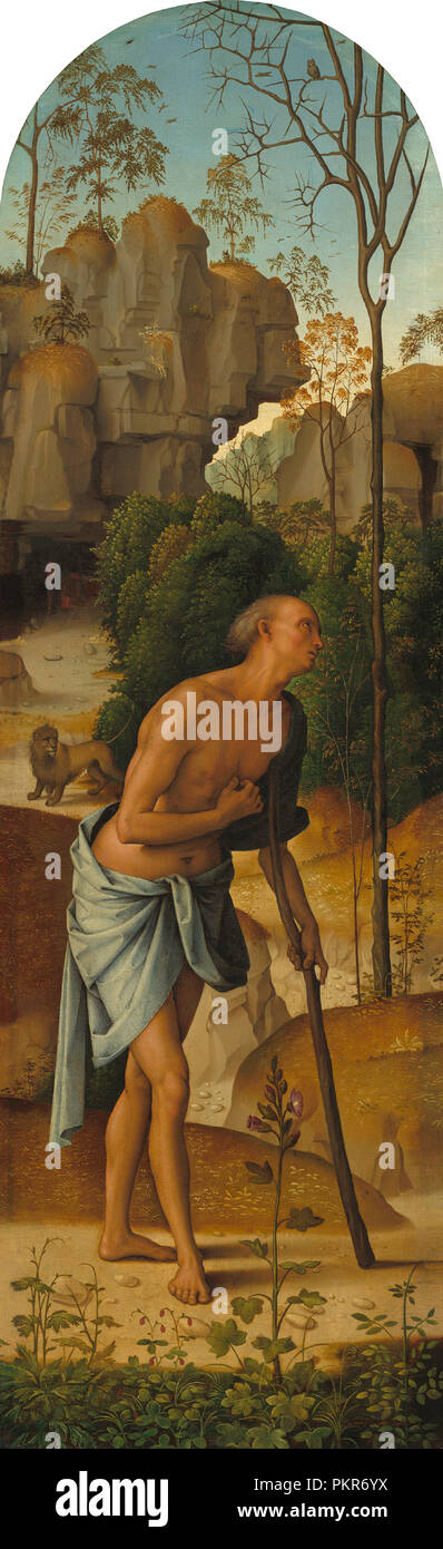 Die Kreuzigung mit der Jungfrau, Saint John, Hl. Hieronymus und Hl. Maria Magdalena [Links]. Vom: C. 1482/1485. Abmessungen: linke Tafel: 95 x 30,1 cm (37 3/8 x 11 7/8 in.) gerahmt: 134 x 165,1 x 7,3 cm (52 3/4 x 65 x 2 7/8 in.). Medium: Öl auf Leinwand übertragen. Museum: Nationalgalerie, Washington DC. Autor: Pietro Perugino. PERUGINO, Pietro. Stockfoto