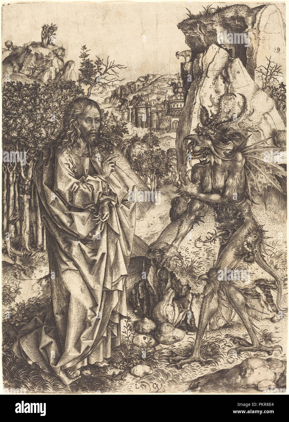 Die Versuchung Christi. Vom: C. 1500/1505. Maße: Blatt: 22,7 x 16,5 cm (8 15/16 x 6 1/2 in.). Medium: Gravur auf Bütten. Museum: Nationalgalerie, Washington DC. Autor: Master LCz. Stockfoto