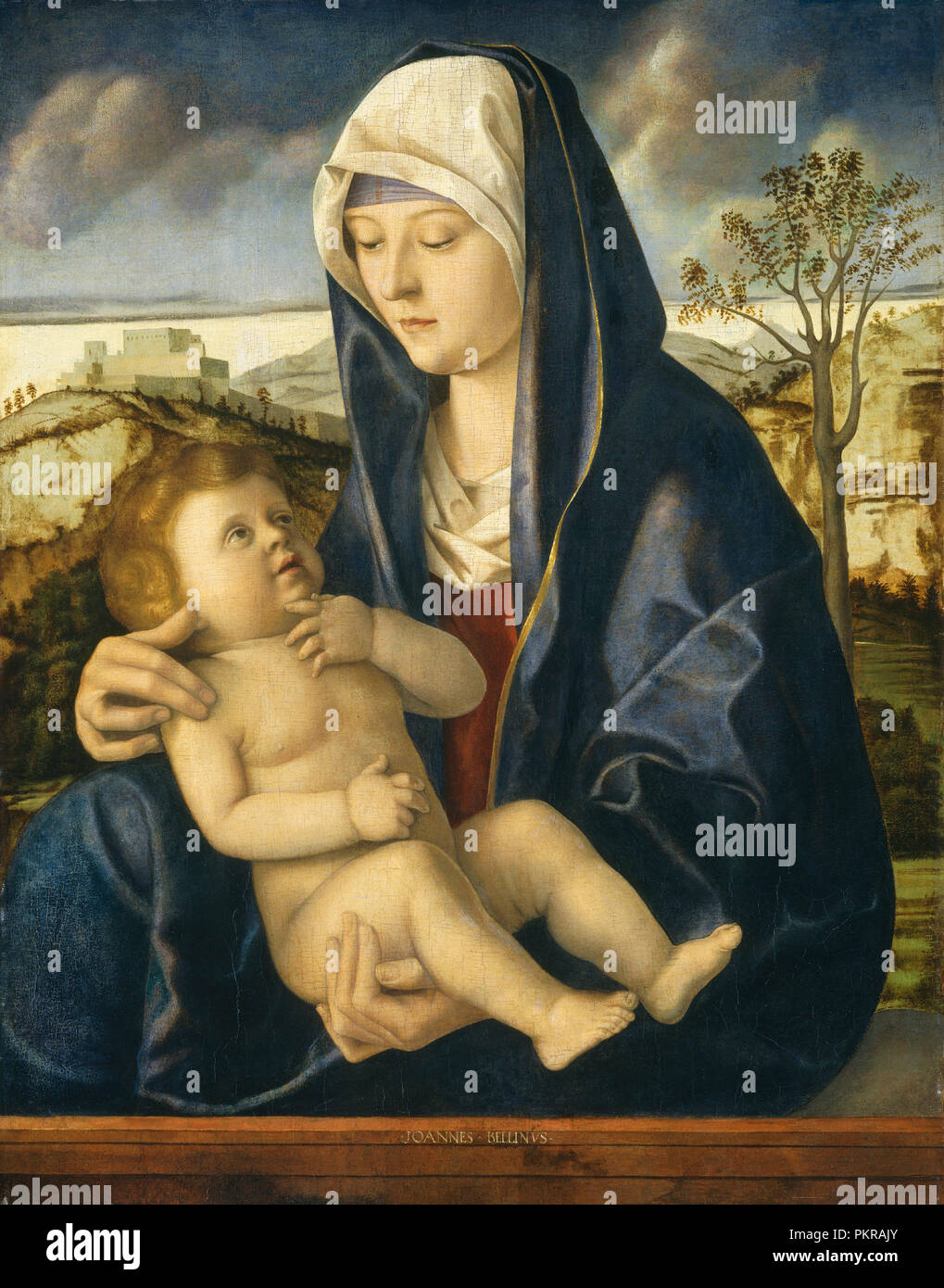 Madonna mit dem Kind in einer Landschaft. Vom: C. 1490/1500. Maße: gesamt: 74,2 x 58,3 cm (29 1/4 x 22 15/16 in.) gerahmt: 110,8 x 88,6 cm (43 5/8 x 34 7/8 in.). Medium: Öl auf. Museum: Nationalgalerie, Washington DC. Thema: Workshop von Giovanni Bellini. Stockfoto