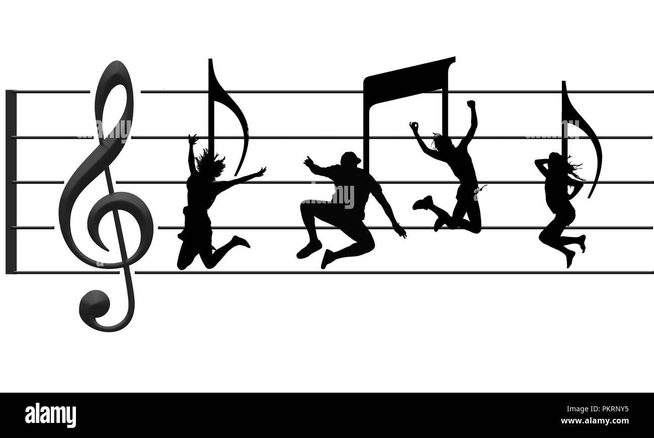 Tanz und Tanz Musik ist hier dargestellt. Tänzer erscheinen als Noten auf ein violinschlüssel mit violinschlüssel Zeichen und Linien. Stockfoto
