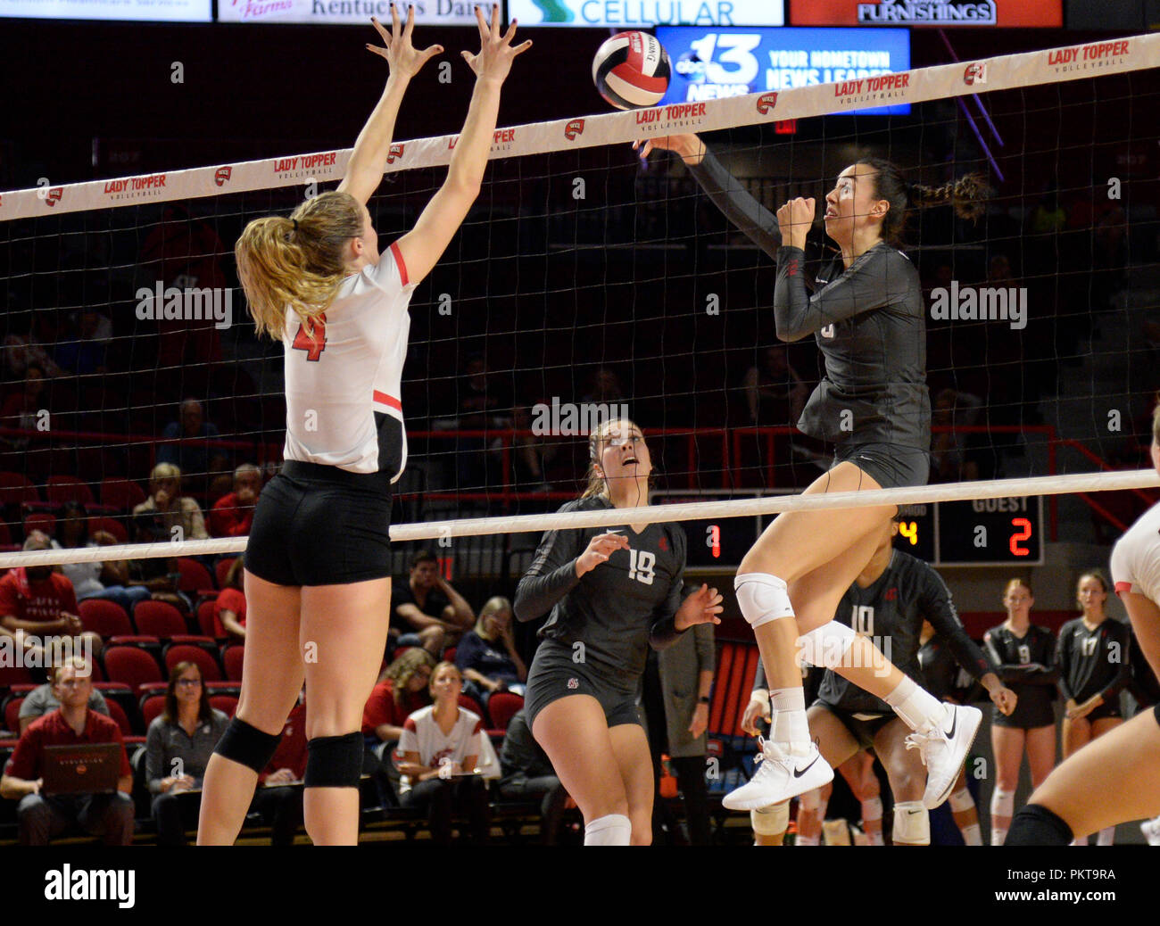 September 14, 2018 IWestern Kentucky Hilltoppers Rachel Anderson (4) Bausteine der Schuß des Staates Washington Cougars Nächstenliebe Bradley (8) n eine Übereinstimmung zwischen der Nr. 22 Staat Washington Cougars und die westlichen Kentucky Hilltoppers an E.A. Diddle Arena in Bowling Green, KY. WSU, WKU 3-1 Fotograf: Steve Roberts. Stockfoto