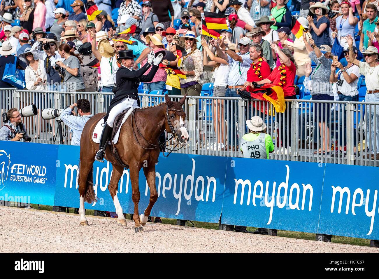 Tryon, USA. 14. September 2018. Auf Platz 1. Goldmedaillengewinner. Isabell Werth. Bella Rose. GER. FEI World einzelne Meisterschaft. Grand Prix Special. Dressur. Tag 4. World Equestrian Games. WEG 2018 Tryon. North Carolina. USA. 14.09.2018. Credit: Sport in Bildern/Alamy leben Nachrichten Stockfoto