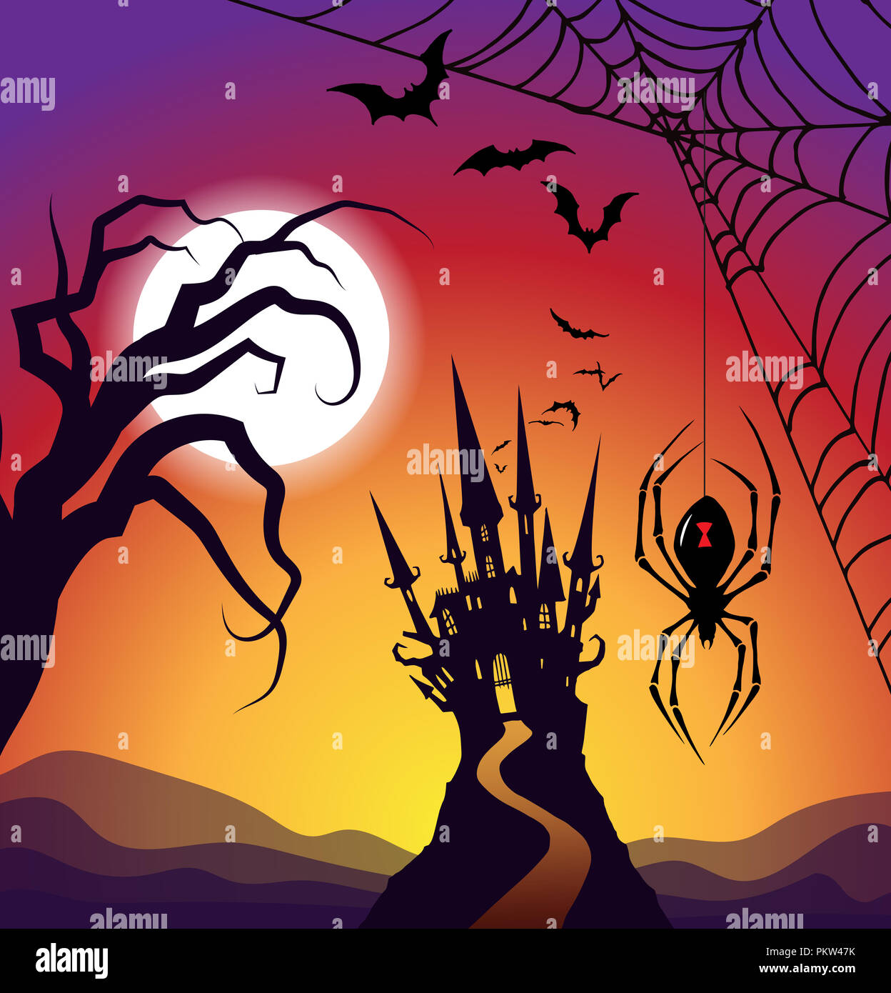 Halloween Straße, die zu haunted castle mit Spinne nass und Fledermäuse Stockfoto