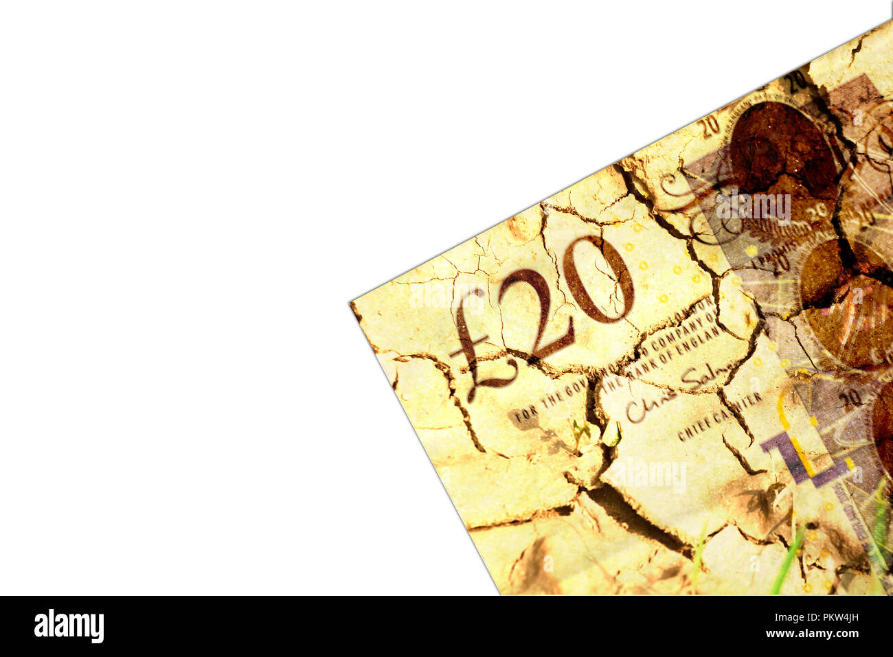 Geknackte britische Währung auf weißem Hintergrund isoliert Stockfoto