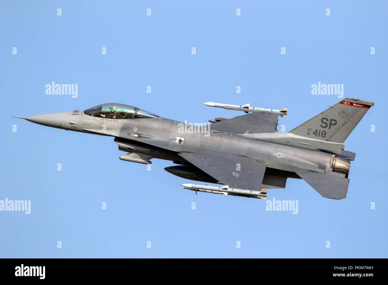SPANGDAHLEM, Deutschland - 29 Aug, 2018: US Air Force F-16C fighter Jet plane Aus 480th Fighter Squadron weg von Spangdahlem Air Base. Stockfoto