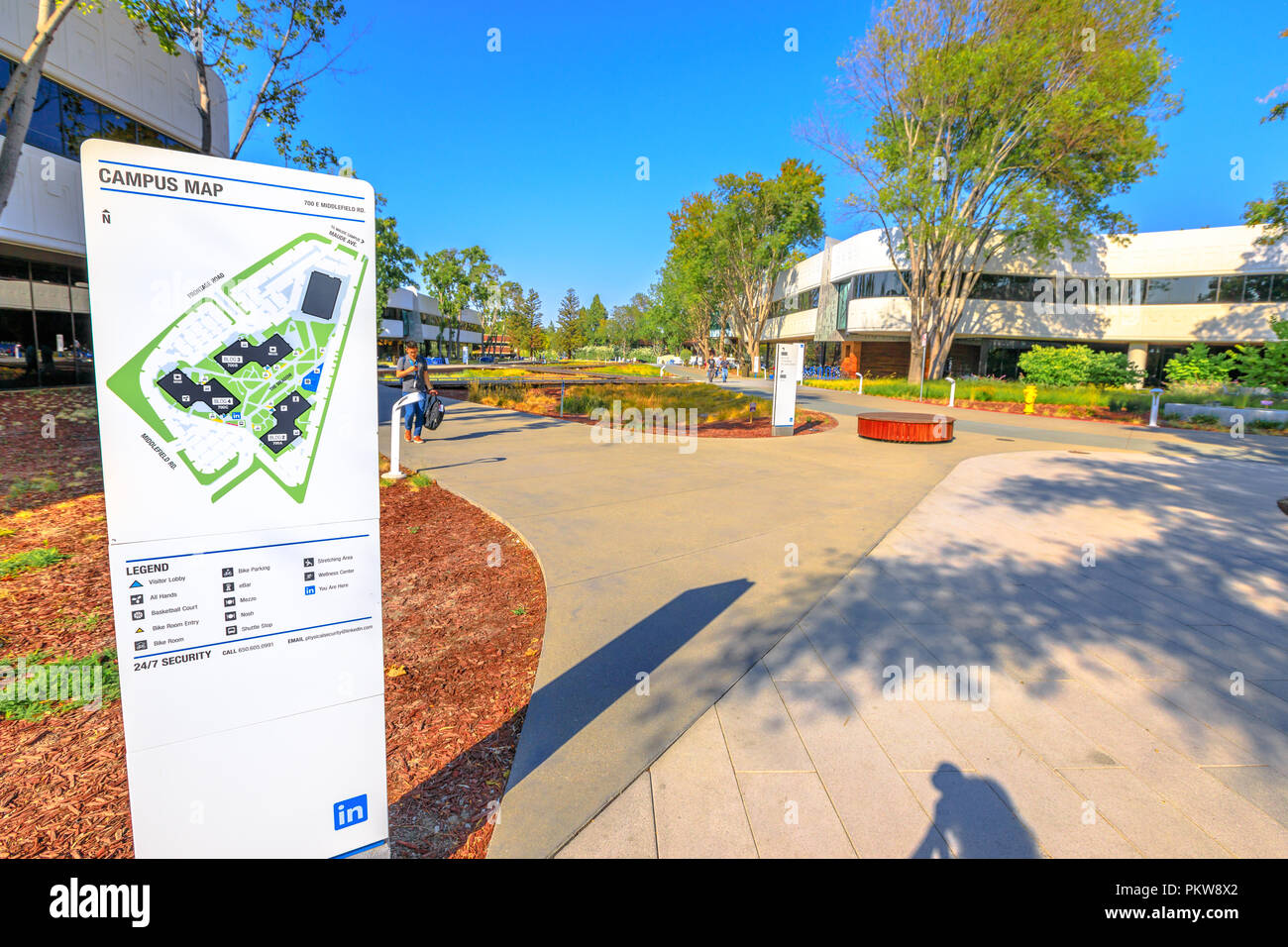 Mountain View, Kalifornien, Vereinigte Staaten - 13 August 2018: Neue Linkedin Corp Campus Map im Silicon Valley. Linkedin ist ein Business- und beschäftigungsorientierte professionelles Social Network Service. Stockfoto