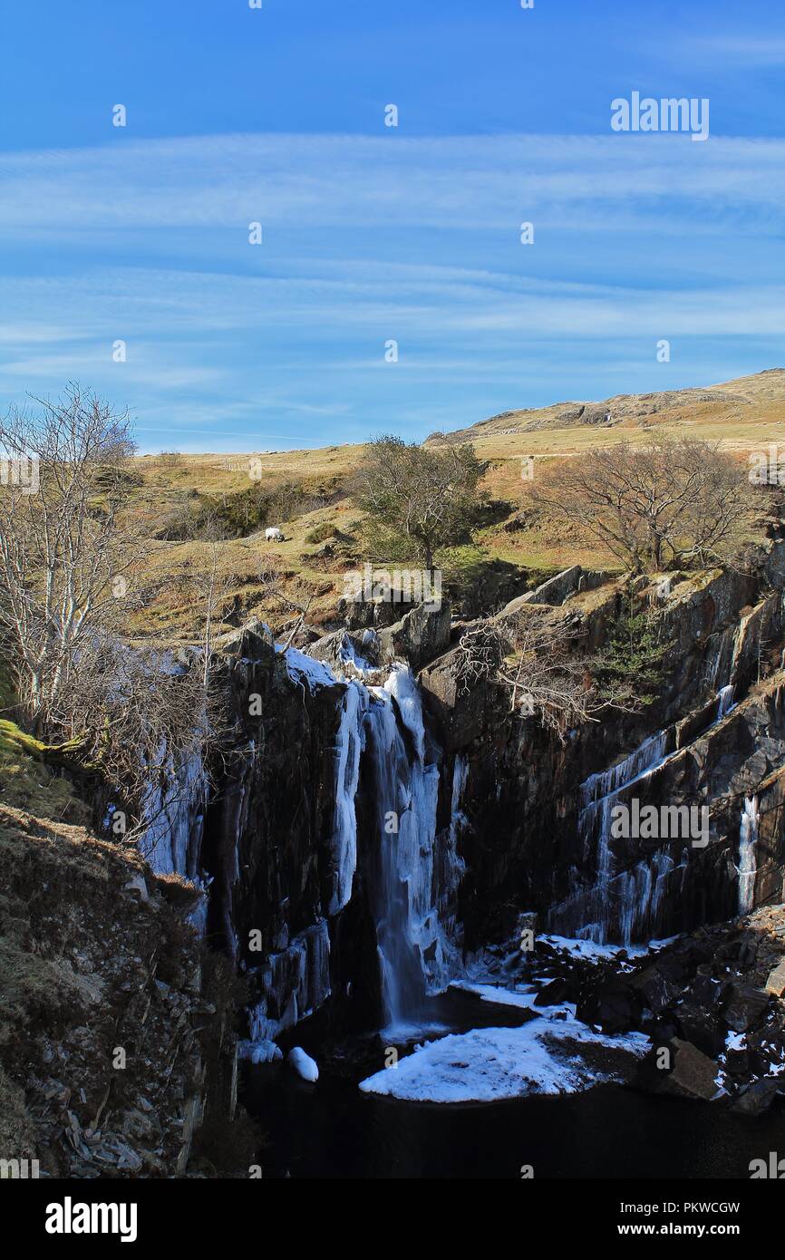 UK, Cumbria, Coniston. Blick auf gefrorenen Wasserfall von Banishead Steinbruch Torver Gemeinsame im englischen Lake District. Stockfoto