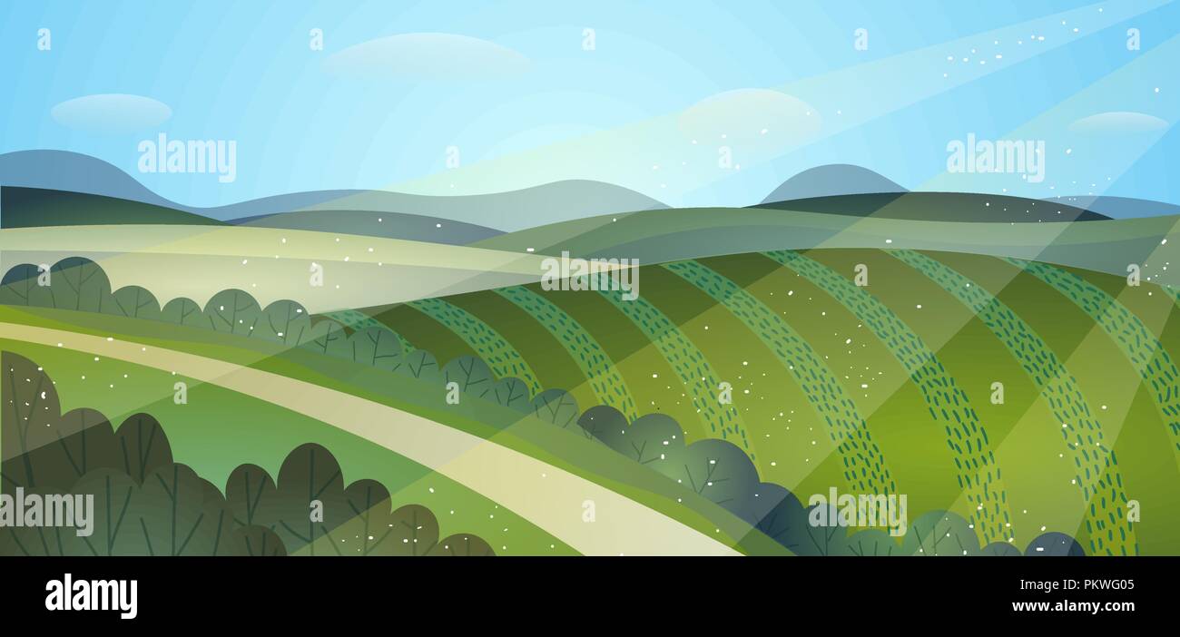 Sonnigen Sommer Landschaft, grüne Felder. Ernte Hügel Stock Vektor