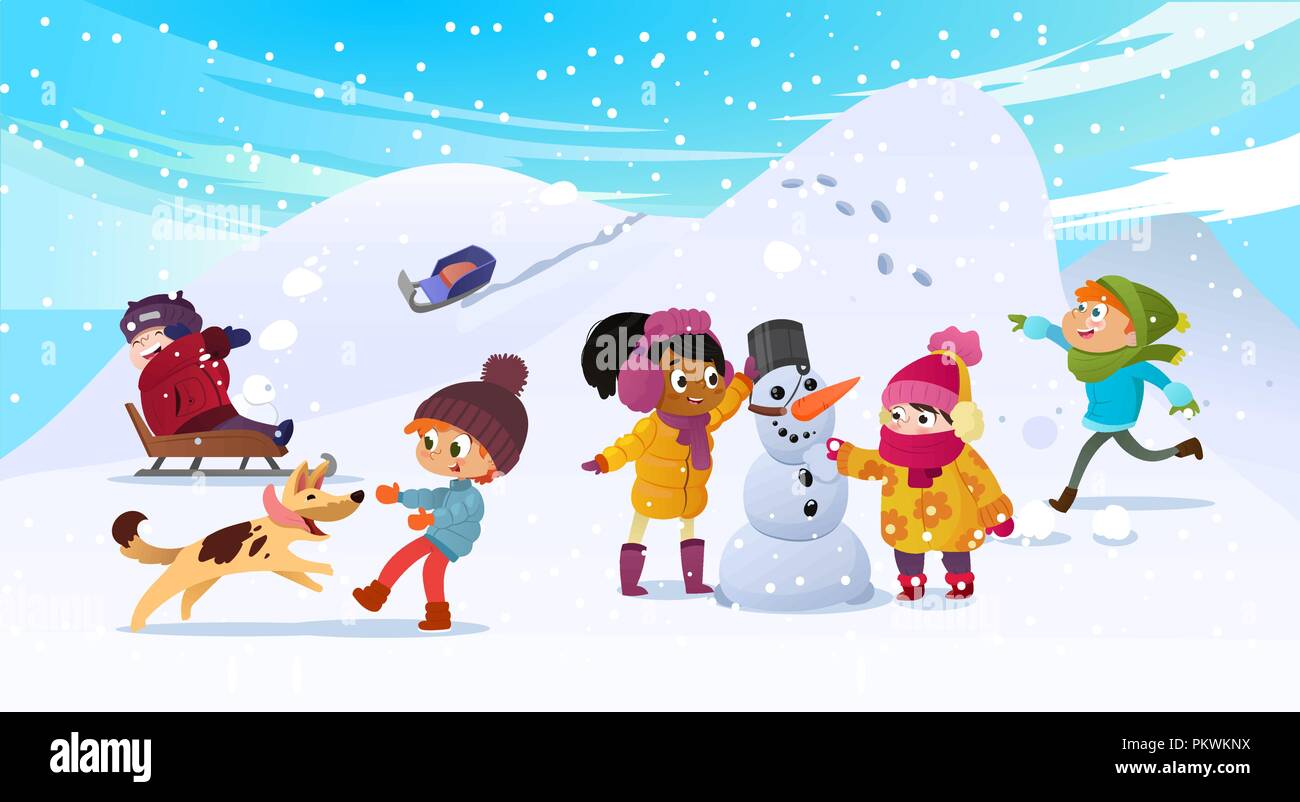 Vector Illustration der multirassischen Kinder im Freien spielen. Mädchen und Jungen der Schneemann im Winter, Kinder beim Spielen in Schneebälle, Rodeln, spielen mit Hund. Mentor Mann kümmert sich um die Kinder. Stock Vektor
