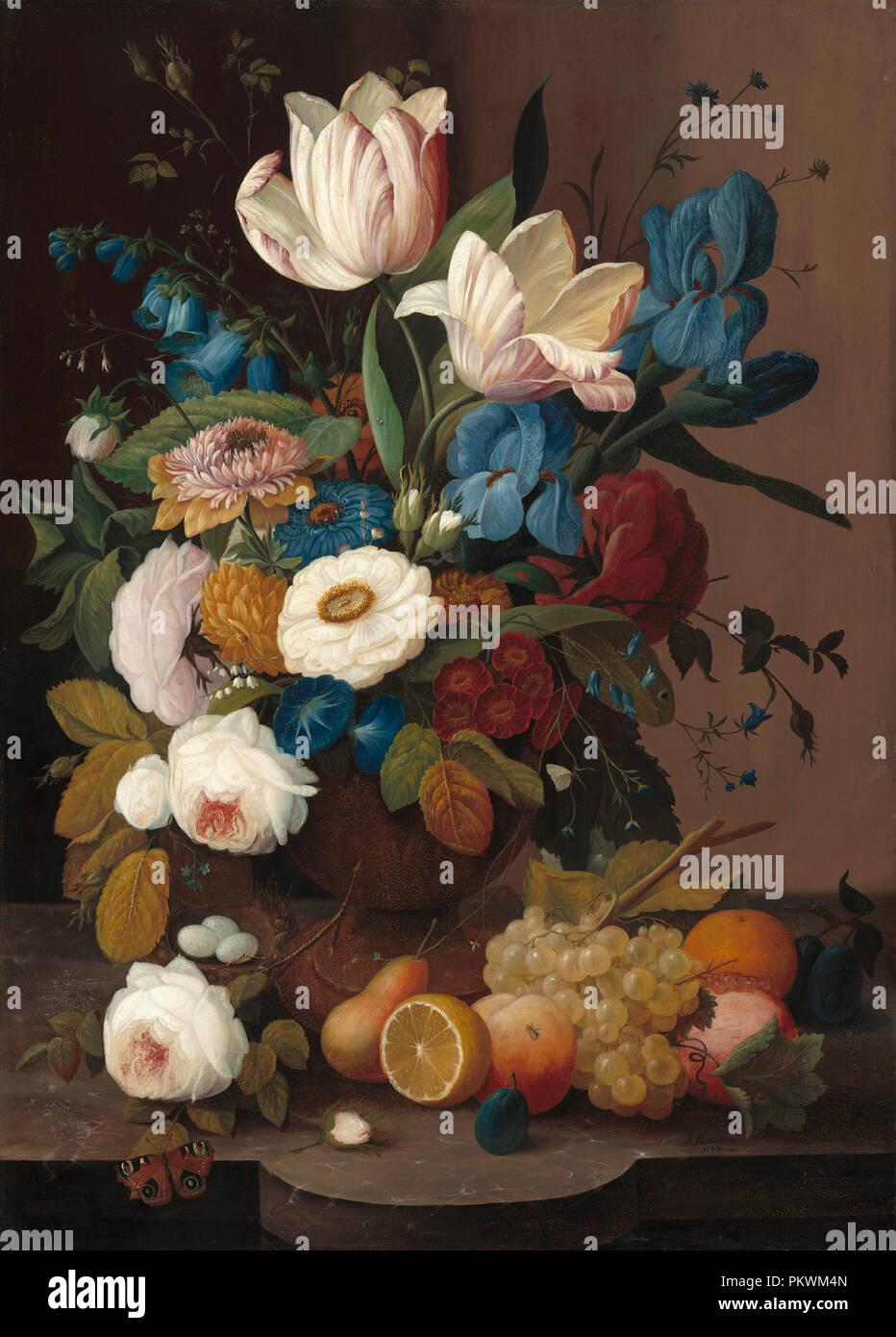 Stillleben, Blumen und Obst. Stand: 1848. Abmessungen: Insgesamt: 91,44 x 66.04 cm (36×26) gerahmt: 108 × 82,6 × 5,7 cm (42 1/2 x 32 1/2 x 2 1/4 in.). Medium: Öl auf Leinwand. Museum: Nationalgalerie, Washington DC. Autor: Severin Roesen. Stockfoto