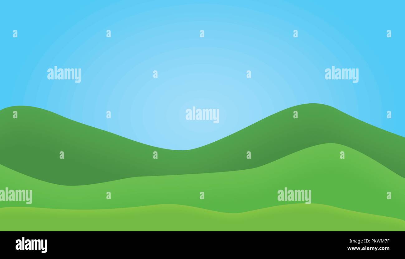 Flaches Design Abbildung: Berg Landschaft mit Hügeln unter blauem Himmel - Vektor Stock Vektor