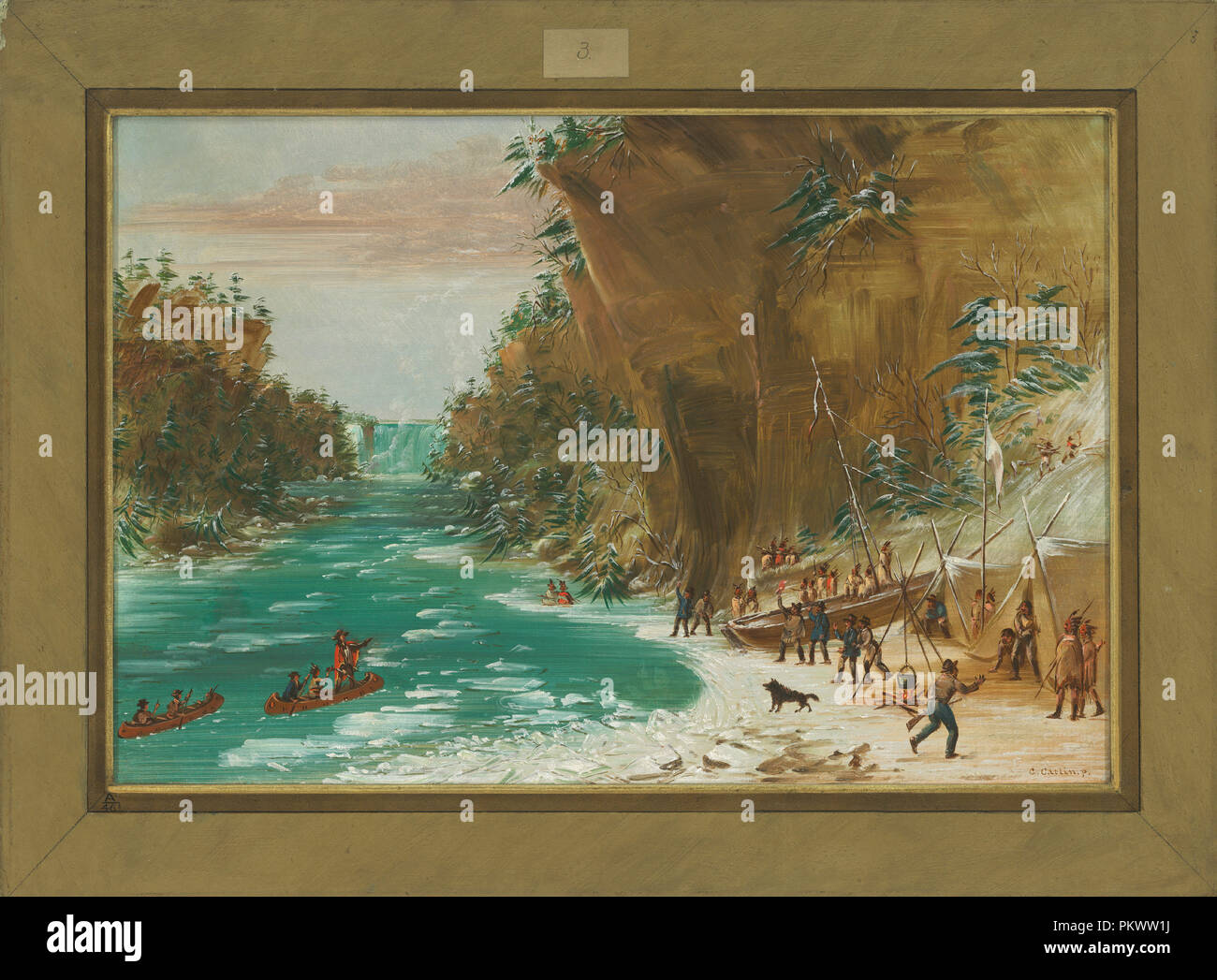 Die Expedition lagerten sich unterhalb der Wasserfälle von Niagara. Januar 20, 1679. Stand: 1847/1848. Maße: gesamt: 37,8 x 56,2 cm (14 7/8 x 22 1/8 in.). Medium: Öl auf Leinwand. Museum: Nationalgalerie, Washington DC. Autor: George Catlin. Stockfoto