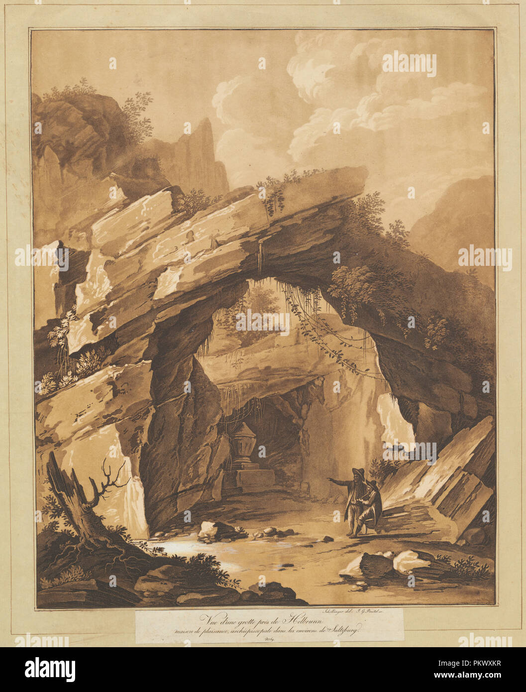 Blick auf die Grotte von Heilbrunn, in der Nähe von Salzburg. Stand: 1780. Maße: Blatt: 55,9 x 44,6 cm (22 x 17 9/16 in.) mount: 73,2 x 59,8 cm (28 13/16 x 23 9/16 in.). Medium: aquatinta in Braun bedruckt mit weiß gehöht, auf original Berg mit gravierten Titel angebracht. Museum: Nationalgalerie, Washington DC. Autor: Johann Gottlieb Prestel, nach schellinger. Stockfoto