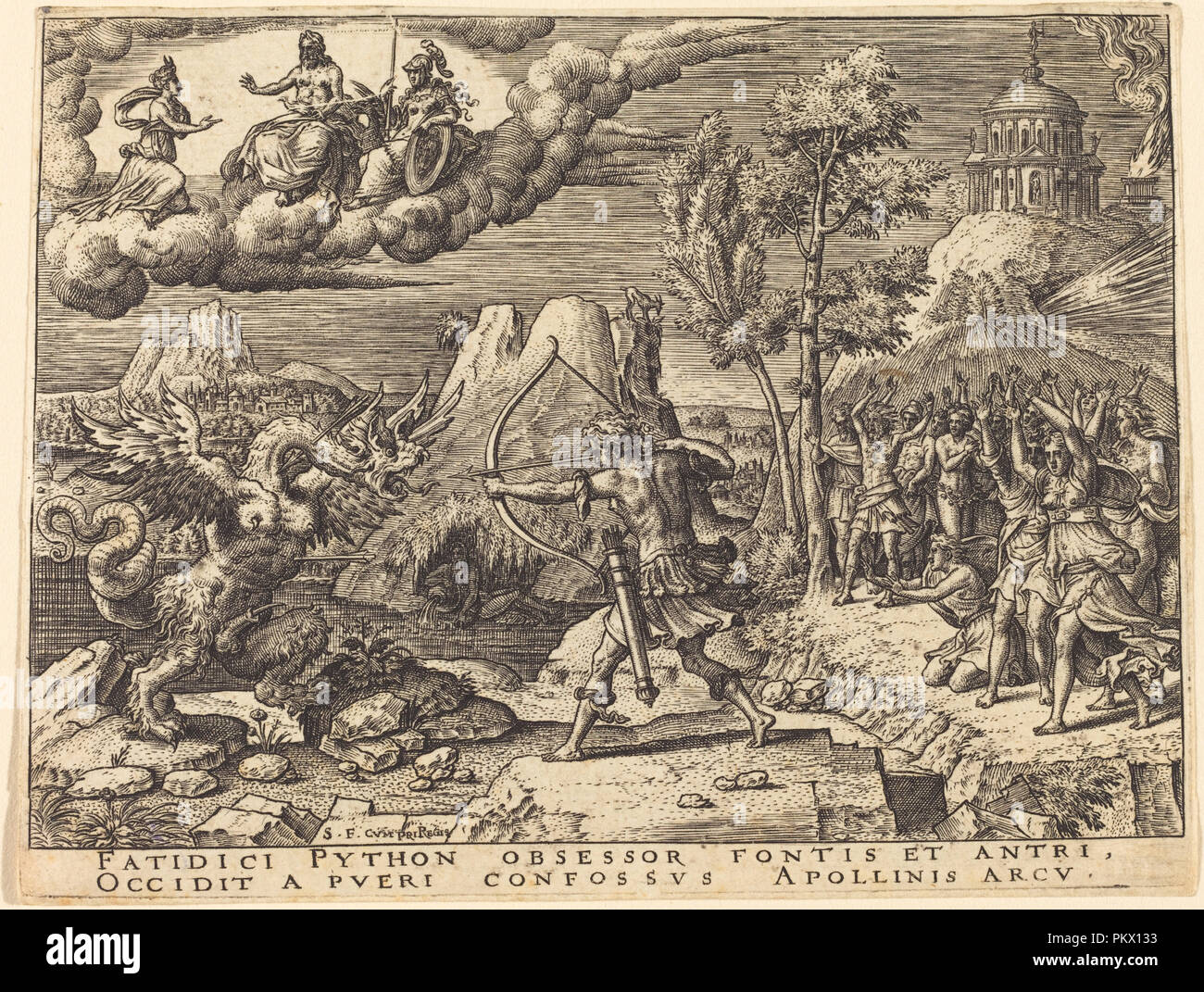 Apollo Tötung Python. Medium: Gravur. Museum: Nationalgalerie, Washington DC. Autor: Etienne Delaune. Stockfoto