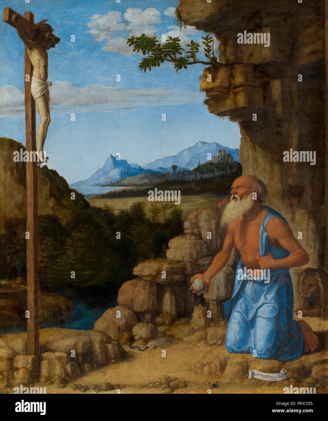 Der hl. Hieronymus in der Wildnis. Vom: C. 1500/1505. Maße: Gesamt: 48 x 40 cm (18 7/8 x 15 3/4 in.) gerahmt: 66,2 x 58,7 x 9,2 cm (26 1/8 x 23 1/8 x 3 5/8 in.). Medium: Öl auf Leinwand übertragen. Museum: Nationalgalerie, Washington DC. Autor: Cima da Conegliano. Stockfoto