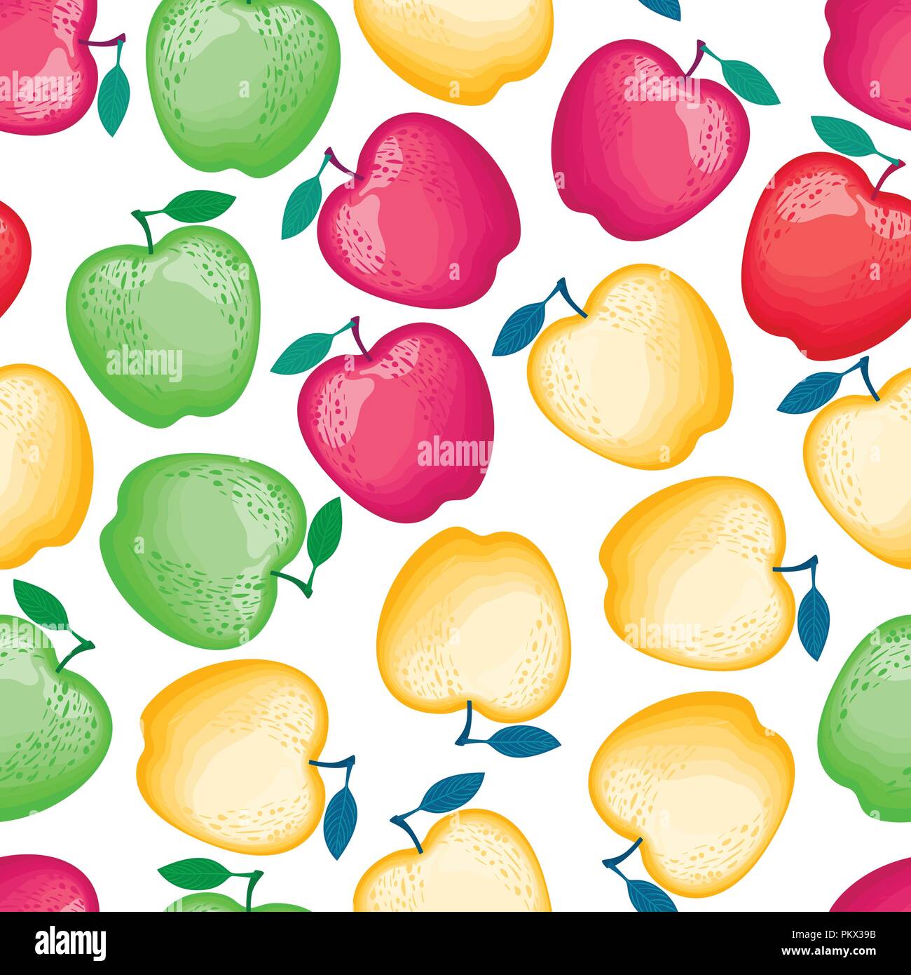 Realistische Äpfel nahtlose Muster. Unterschiedliche Farben sind köstlich. Vector Illustration auf weißem Hintergrund. Stock Vektor