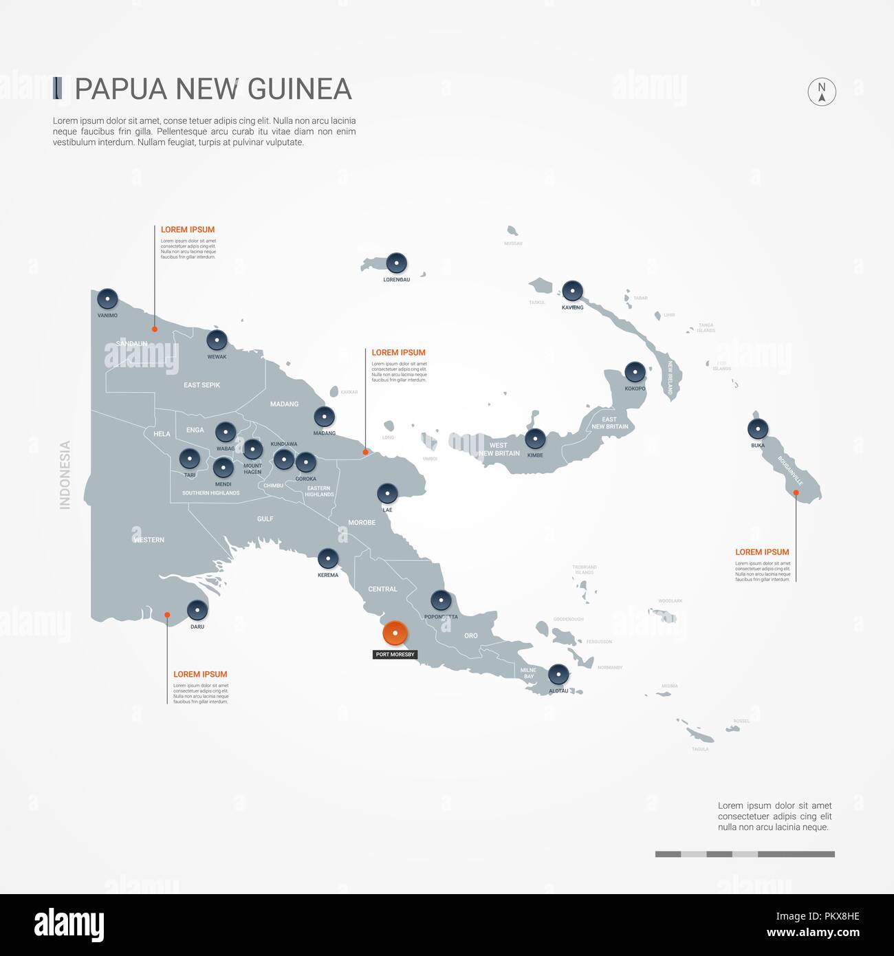 Papua-neuguinea Karte mit Grenzen, Städte-, Kapital- und administrativen Abteilungen. Infografik Vektorkarte. Bearbeitbare Layer deutlich gekennzeichnet. Stock Vektor